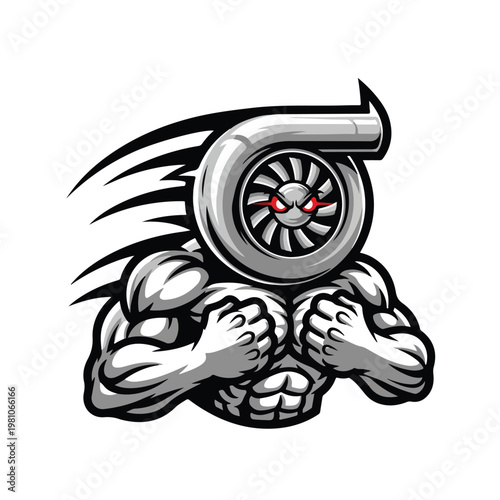 A stylized, muscular anthropomorphic character with a turbocharger for a head and clenched fists, conveying power and speed against a clean white background