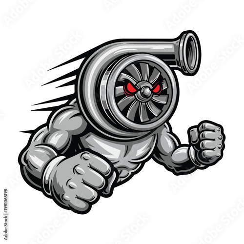 Cartoon turbo mascot with muscular arms and fists raised, featuring a powerful engine turbine head with red eyes and motion blur streaks against a white background