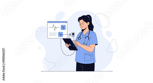 Nurse using tablet with medical data on screen, modern healthcare technology concept