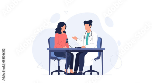 Doctor checking patient's blood pressure at desk, medical consultation, healthcare concept