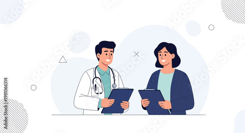 Doctor and patient discussing medical results on clipboard, flat illustration