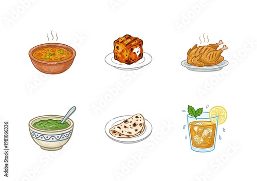 Indian Cuisine and Traditional Food Elements with Colorful Crayony Pencil Texture and Organic Colorful Textures