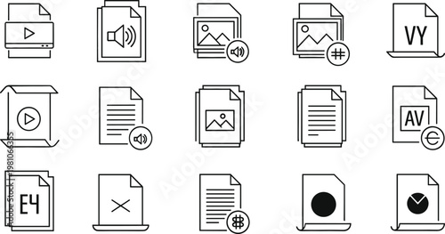 Digital file and document format icons with video, audio, image and text symbols for computing vector projects