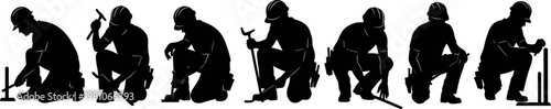 Vector set of kneeling construction worker silhouettes featuring builders contractors and mechanics wearing hard hats while working with various tools