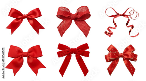 Assortment of six red gift bows and ribbons with different textures and patterns, isolated on transparent background. png set