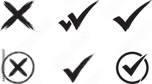 Check Mark and X Cross SVG Bundle - Set of Six Black Grunge Brush Stroke Tick and Cross Icons with Circle for Vote Approve Reject 
