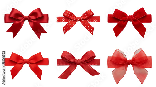Collection of six decorative red gift bows and ribbons, satin and polka dot patterns, isolated on gray background. png set