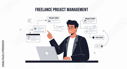 Freelance Project Management: Man with Laptop and Workflow Diagram