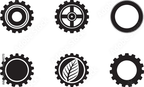 Gear Cog Wheel SVG Bundle - Set of Six Black Silhouette Mechanic Gear Icons with Leaf Cross and Circle Design for Industry Technology Logo