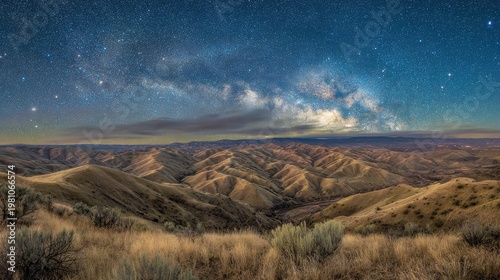 Milky Way Core Across Deep Night Sky Canyon Desert Hills Grassland Starry Night Wide Angle Panoramic Mountain Nature Landscape Design