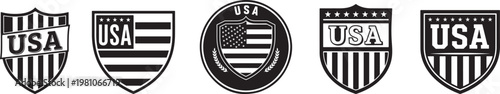 black and white vintage usa shield and badge designs with stars and stripes elements.
