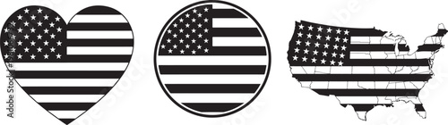 USA Flag Shapes Heart Circle and Map Silhouettes.