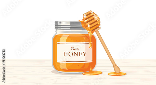A detailed glass jar of pure honey with a silver screw-top lid stands next to a wooden dipper dripping golden nectar on a light wood table surface.
