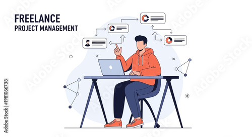 Freelance Project Management: Man Working on Laptop with Flowchart