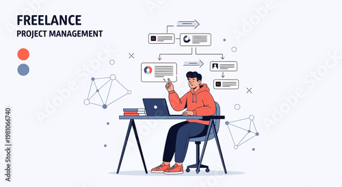 Freelance Project Management: Man working on laptop with flowchart