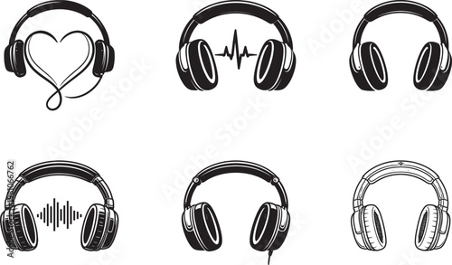 Headphone SVG Bundle - Set of Six Black Silhouette Music Headphone Icons with Heart Heartbeat Sound Wave and Outline Style for DJ Audio