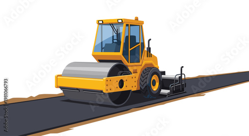 A dynamic perspective illustration shows a powerful yellow road roller compacting a fresh layer of dark asphalt on a new highway construction site under bright light.
