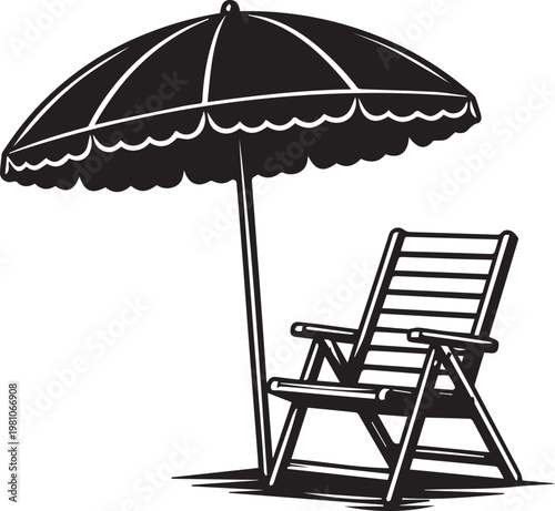 Beach Chair and Umbrella SVG - Black Silhouette Summer Vacation Lounge Chair with Parasol Icon for Travel Holiday Tropical Beach