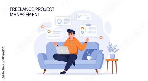 Freelance Project Management: Man Working Remotely on Laptop on Sofa