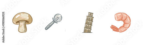 Italian Pizzeria Ingredients and Landmark Elements with Colorful Crayony Brush Strokes and Fluid Calligraphic Outlines