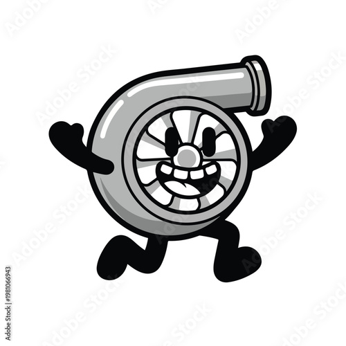 A cartoon-style turbo mascot character with a smiling face and wheels for feet is joyfully running forward with arms outstretched against a clean white background