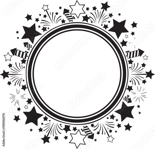 Circular Star Frame with Fireworks Decorative Border Festive Celebration Background Minimal Black Vector Illustration Copy Space