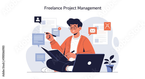 Freelance Project Management: Man Working Remotely with Laptop and Notebook