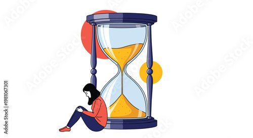 Sad or thoughtful girl sitting on the floor next to a giant hourglass symbolizing the passing of time and waiting.