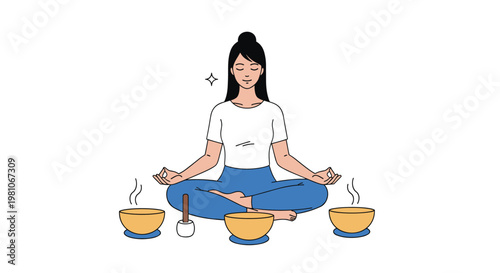Calm woman sitting in a lotus meditation pose surrounded by singing bowls for a sound healing and relaxation session.