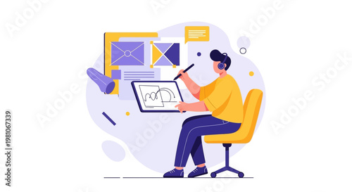 Graphic designer working on digital tablet, creative process, illustration, design tools