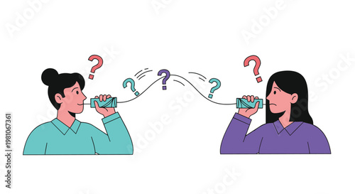 Two women communicating using a tin can telephone with question marks floating between them to show misunderstanding.