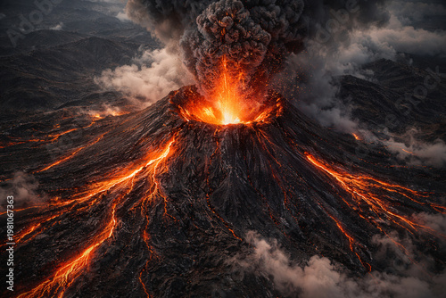 Explosive Volcano Eruption With Lava Flows and Towering Ash Cloud