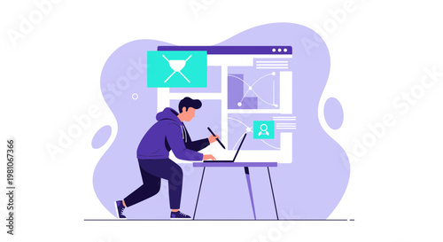 Graphic designer working on laptop with digital tablet, creating web design and data visualization