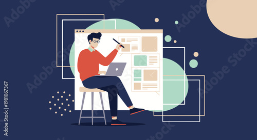 Graphic designer working on laptop and tablet, creative process, web design, illustration