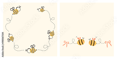 Cute bee circle frame and ribbon seamless pattern pastel honey insect illustration design.