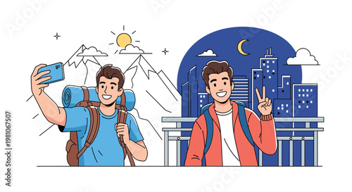 Two adventurous male travelers taking selfies in different locations, one in the snowy mountains and one in the big city.