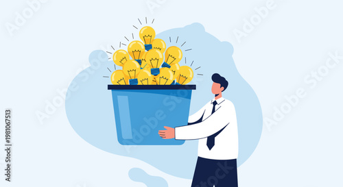 Determined businessman carrying a large blue bucket filled with glowing yellow light bulbs, representing a collection of ideas.