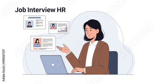 HR Manager Conducting Job Interview Online with Laptop and Candidate Profiles