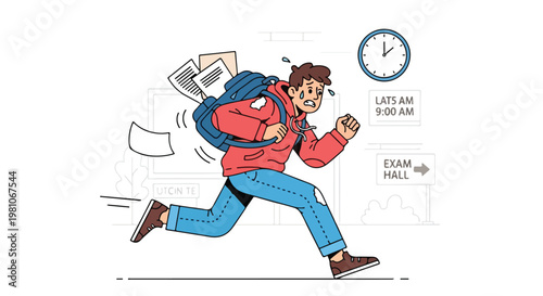 Anxious student in red hoodie runs frantically to an exam hall as time runs out