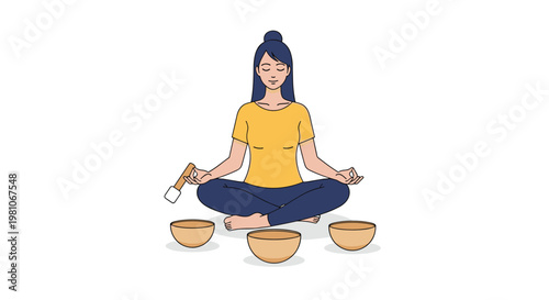 Calm woman sitting in a lotus position on the floor, meditating with singing bowls to achieve mindfulness and inner peace.