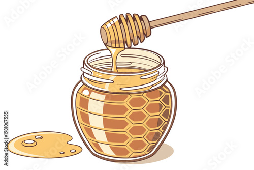 A vector illustration of a honey jar with a honey dipper and a puddle of honey on a white background