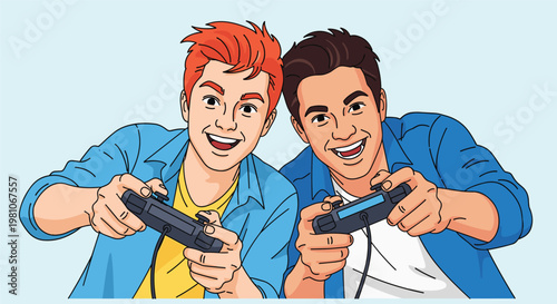 Two excited young men playing video games together with controllers in hand, showing joyful expressions and competitive fun.