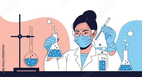 Focused female scientist wearing a lab coat, mask, and goggles while conducting experiments with test tubes and flasks.