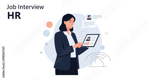 HR manager conducting job interview using tablet, modern office, recruitment concept