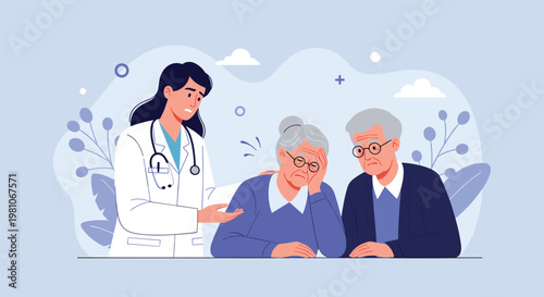 Compassionate female doctor in a white coat comforting an elderly couple during a medical consultation in a clinic office.