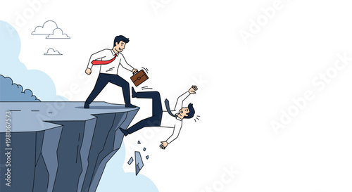 Competitive businessman in a suit pushing a rival colleague off the edge of a steep cliff, representing cutthroat business.