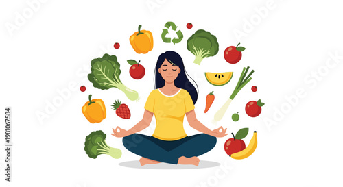 Healthy woman meditating in a lotus pose surrounded by a circular arrangement of various fresh fruits and vegetables.