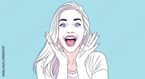 Surprised young woman with blonde hair looking extremely shocked and excited with her hands placed on her cheeks.