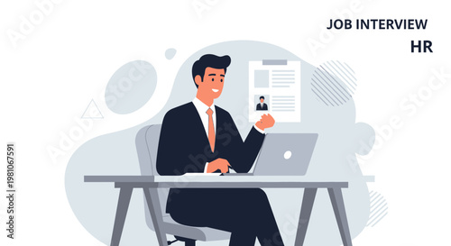 HR manager conducting job interview with candidate at desk with laptop and resume