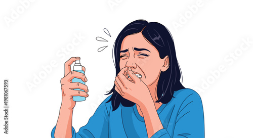 Uncomfortable woman holding a nasal spray bottle and touching her nose, appearing to suffer from allergies or a cold.